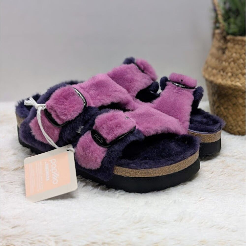 Birkenstock Arizona Purple Big Buckle Genuine Shearling Slide Sandals EU 40 NWT